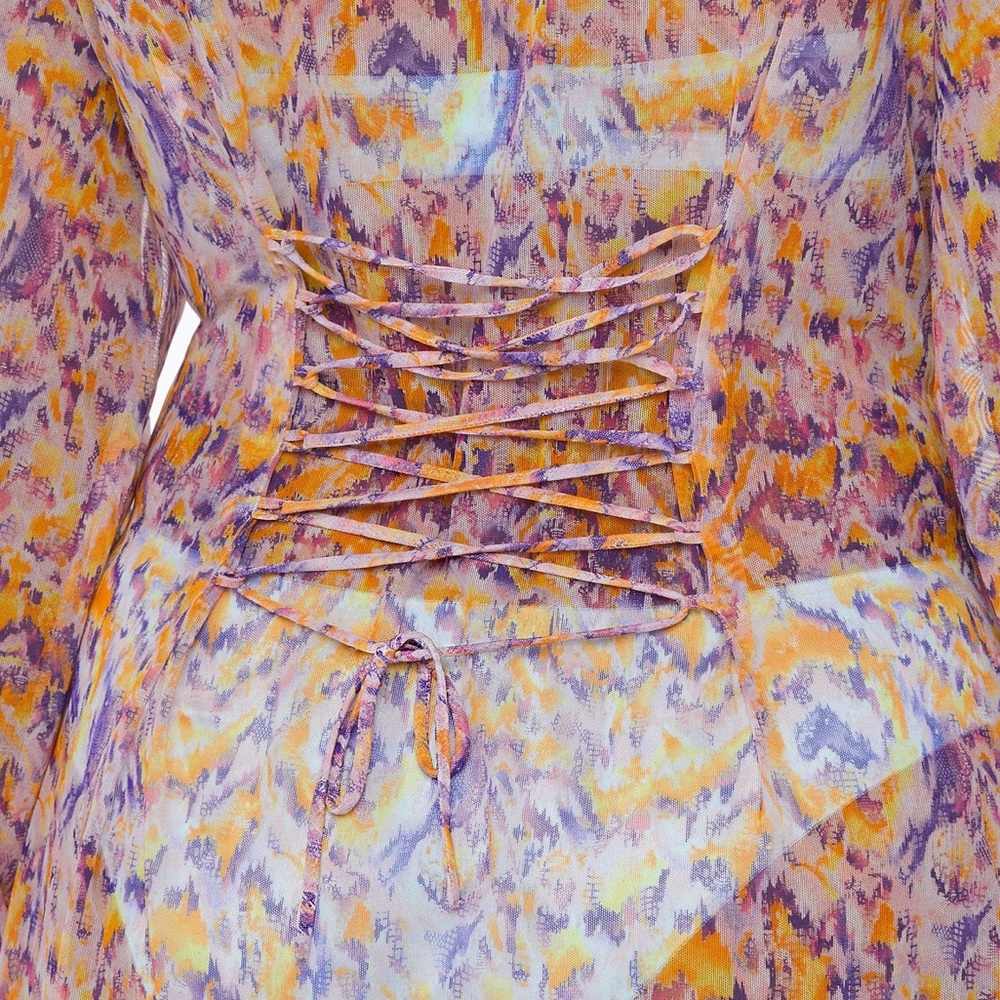 Savage X Fenty Cyber Cat Long Sheer Robe in Purple/Orange Print, SZ XS NWOT 🐱 - Picture 6 of 12
